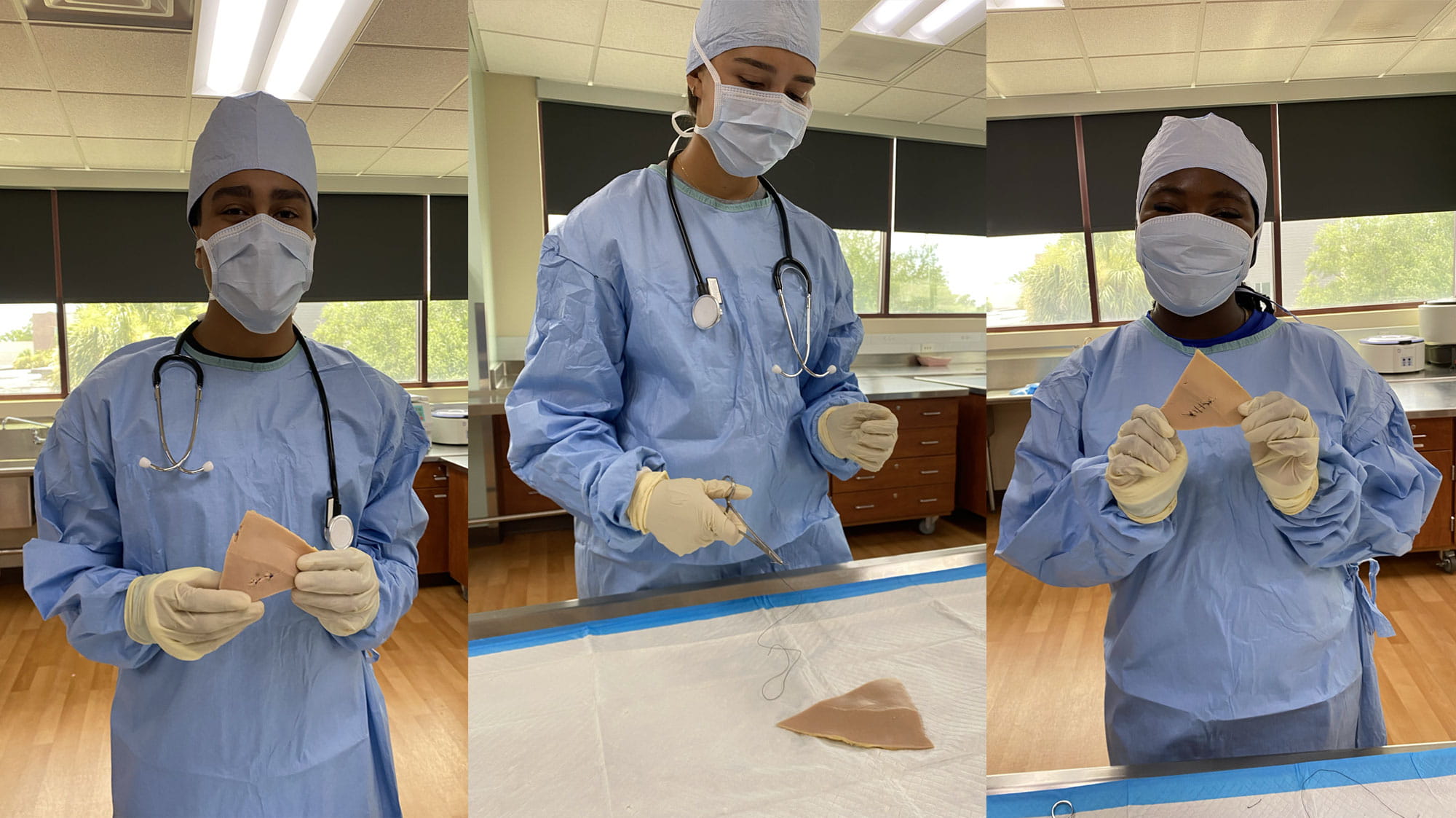 collage of three people in medical gowns working with suture pads